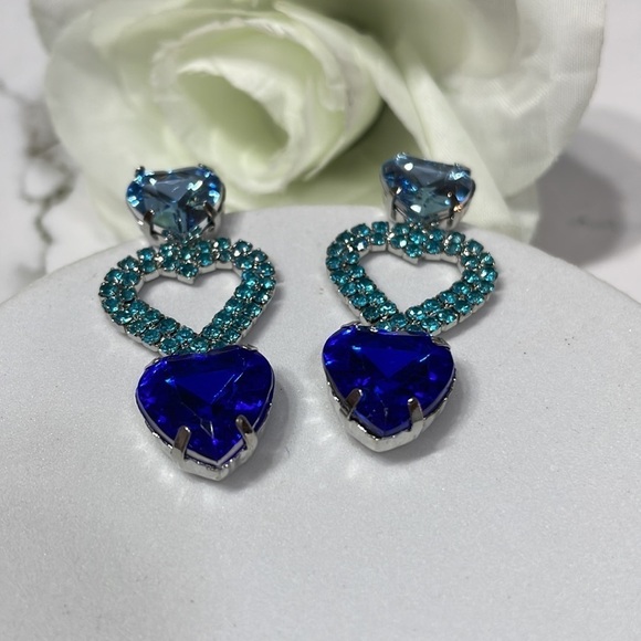 Romantic Blue Crystal Three Heart Drop Earrings - Picture 10 of 17